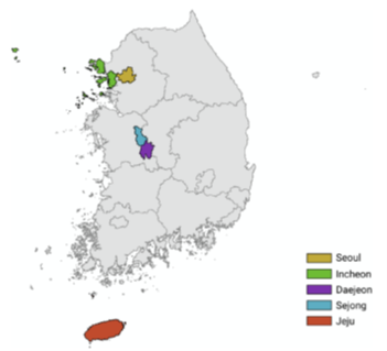 図1　分析を行った韓国の5つの都市と地域。